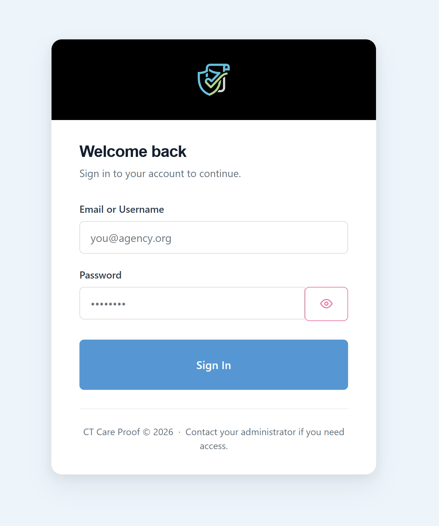 CTCareProof secure agency portal login screen